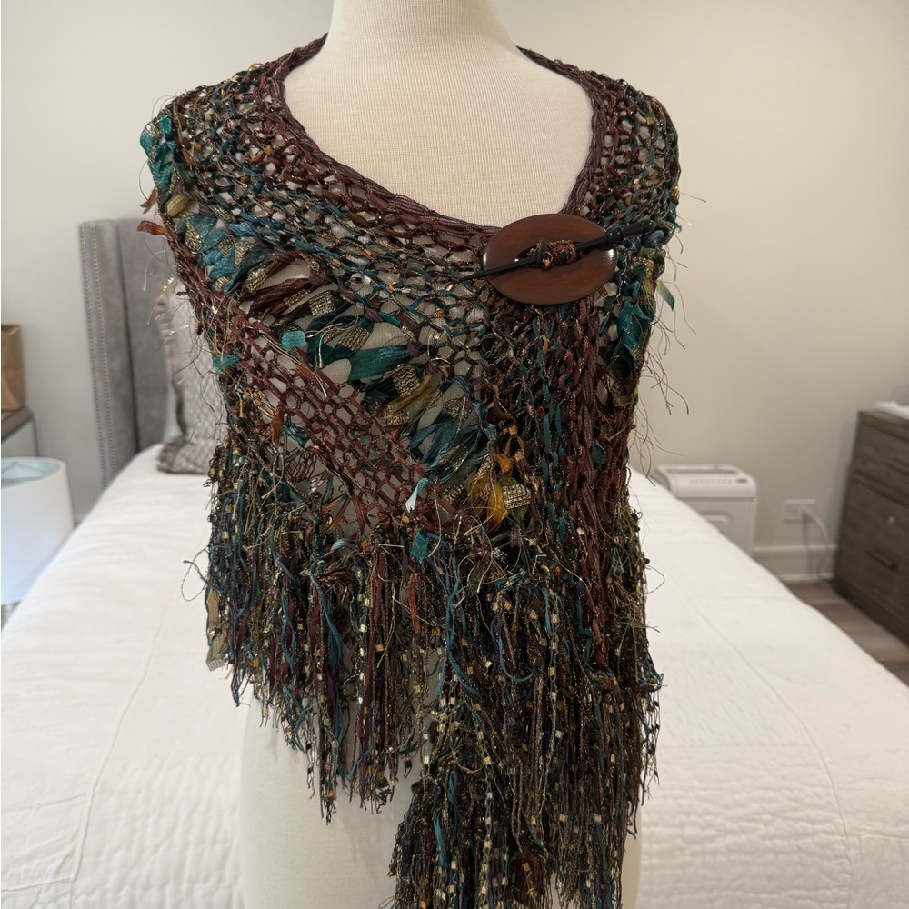 Bohemian Handmade Knit Shawl with Wooden Button